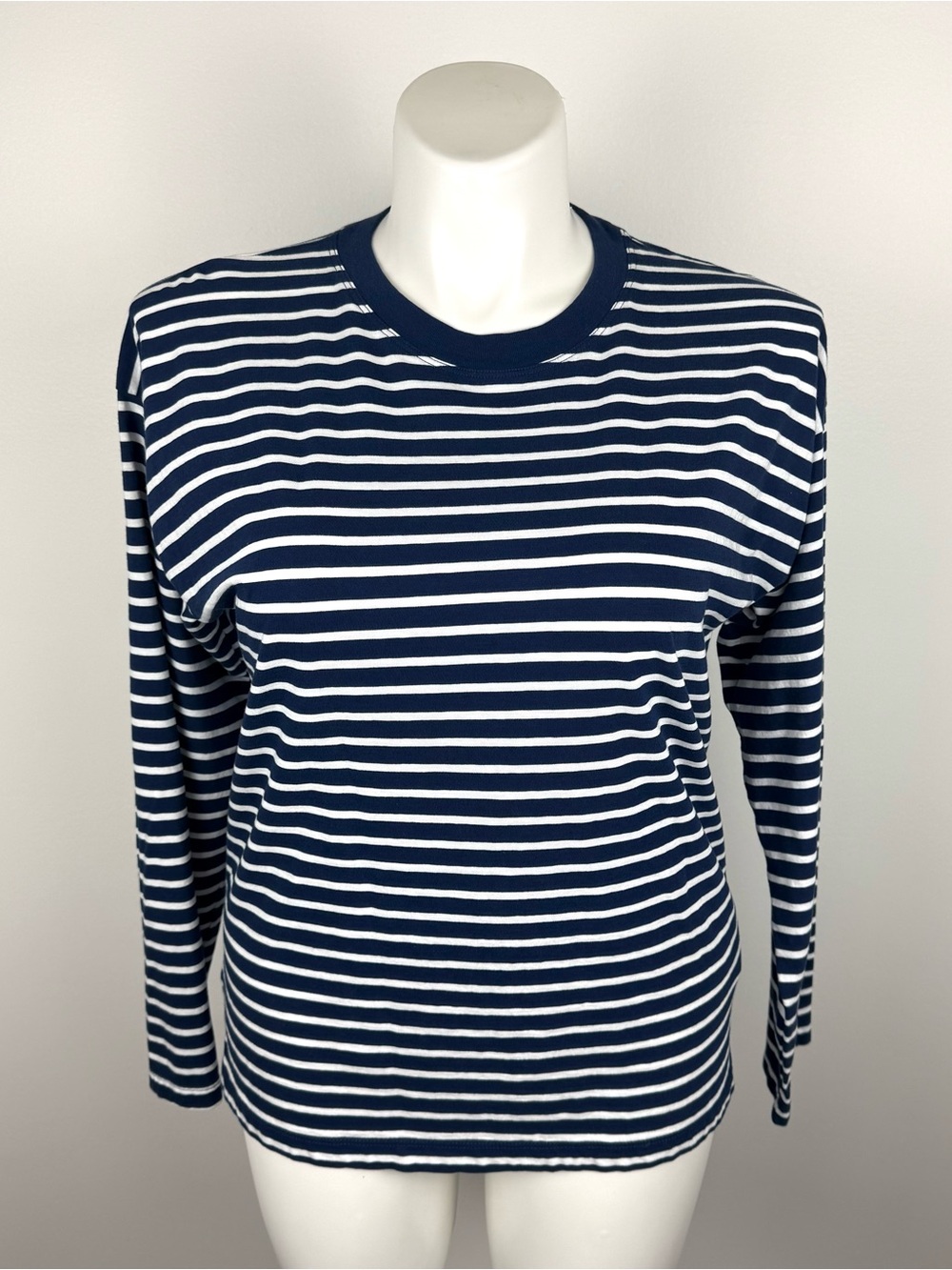 J. Crew Navy Blue and White Striped Long Sleeve Crewneck Tee L